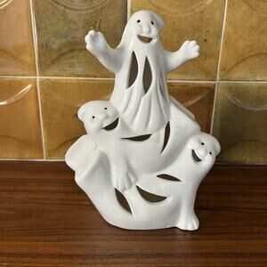 World Bazaar Halloween Trio of Ghosts Tea Light Holder Porcelain White 6½ x 4½"